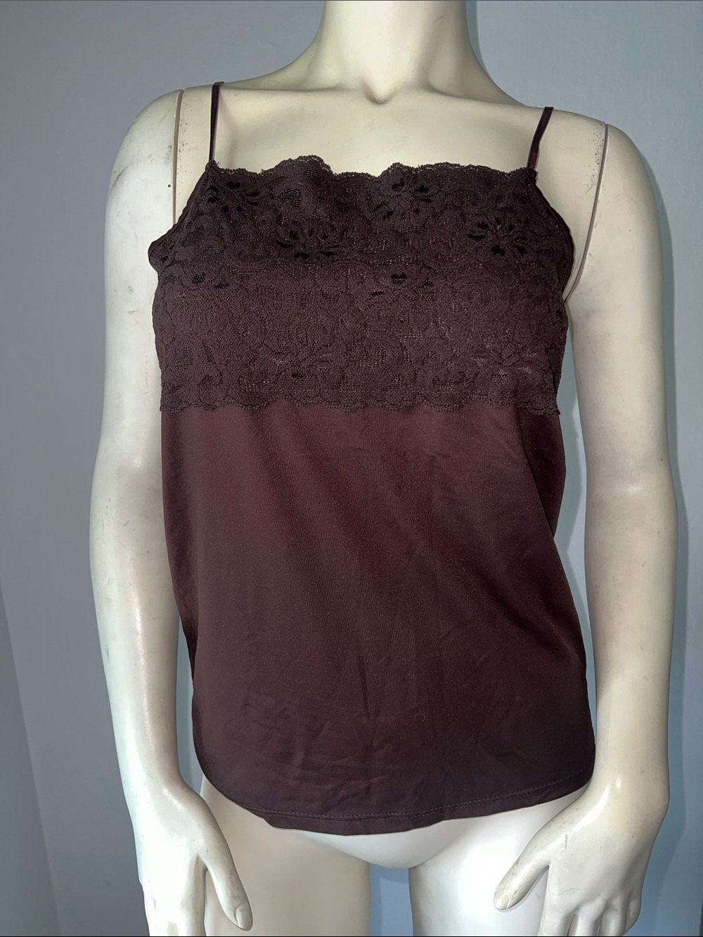 Essentials Brown Lace-Trim Y2K Tank Top Camisole. Size Medium.